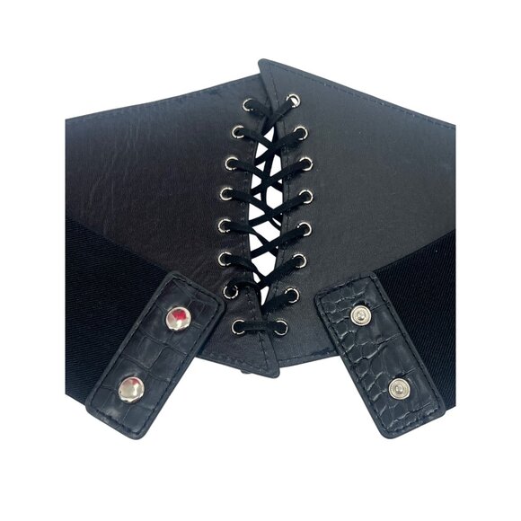 Black Faux Leather Corset Lace-Up Front Snap Closure Croc-Embossed Wide Belt - Picture 8 of 14